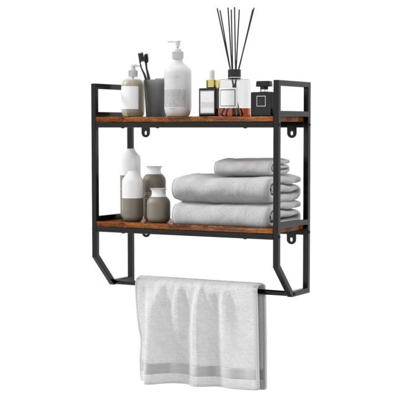 Rustic Brown Wall Mounted Bathroom Shelf with Towel Bar Modern 2 Tier Over Toilet Storage Rack